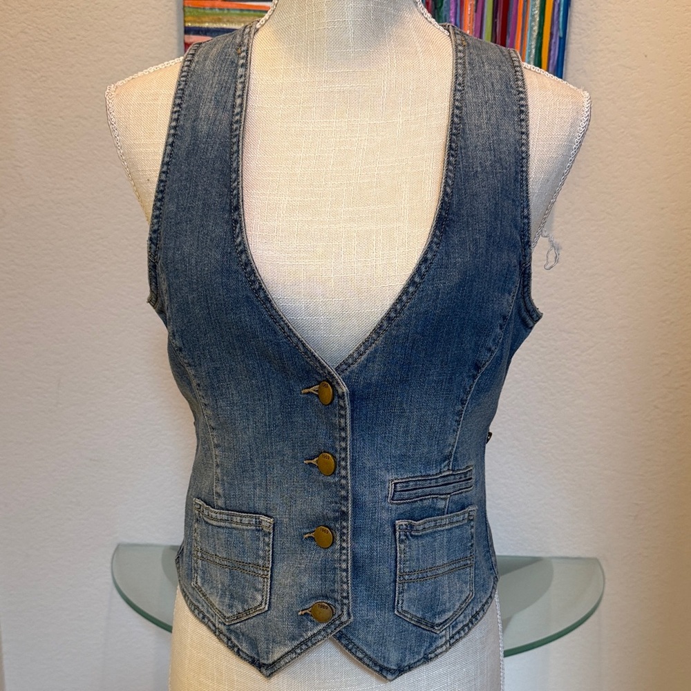 GAP Fitted Blue Denim Vest with Brass Buttons